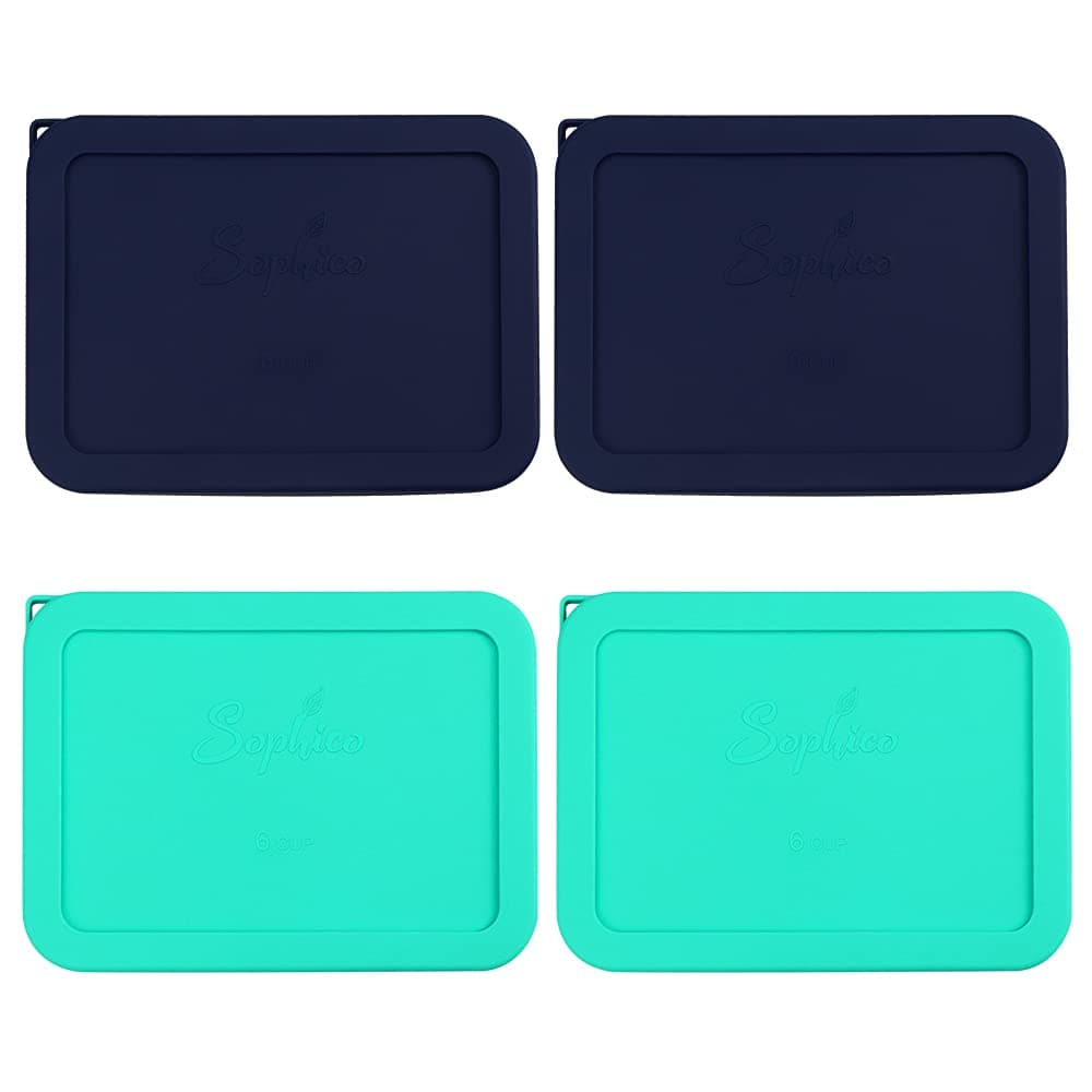 Sophico 6 Cup Rectangle Silicone Storage Cover Lids Replacement for Pyrex 7211-PC Glass Bowls, Container not Included (Navy Blue-Mint)