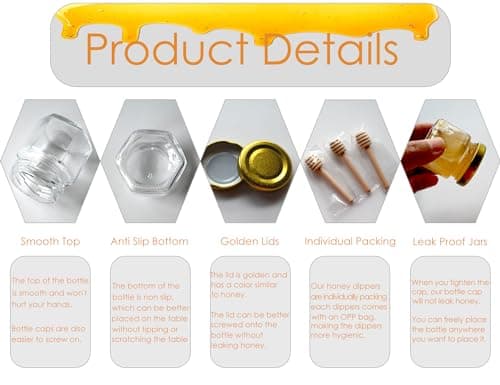 Adabocute Hexagonal Mini Honey Jars - 1.5 oz 20 Pack Little Glass Honey Jar with Gold Lids, Wooden Dippers, Bee Charms and Jutes - Small Honey Jars for Baby Shower, Wedding and Party Favors