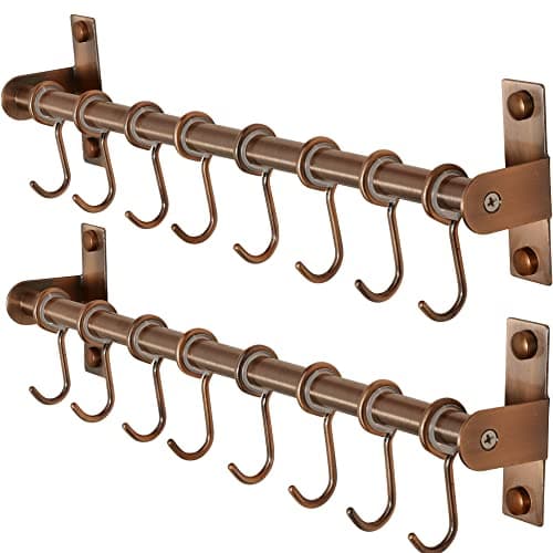 Dseap Kitchen Hooks for Hanging Utensils, Hanging Pot Rack, Kitchen Utensil Hanger Rail with 8 Hooks for Pots Pans, Spoons, Mugs, Wall Mounted, Stainless Steel, Antique Copper, Pack of 2