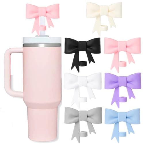 Bow Straw Covers Cap Toppers Compatible with Stanley Cups, Cute 10mm Reusable Silicone Straws Topper for 40oz Tumbler with Handle, Stanleys Cup Accessories,7Pcs Pink
