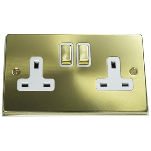 Discount Electrix 2 Gang Plug Socket Outlet Satin Brass Finish with White Inserts