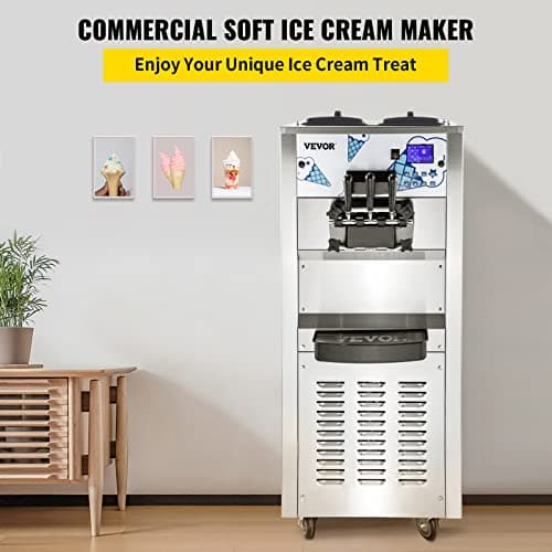 VEVOR Commercial Ice Cream Machine with Two 12L Hoppers Soft Serve Machine with 3 Flavors Commercial Ice Cream Maker 2500W Compressor Soft Ice Cream Machine with LCD Panel for Restaurants Snack Bar