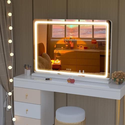 Hasipu Vanity Mirror with Lights, 70 x 52cm LED Makeup Mirror, Dimmable 3 Modes, Touch Control, Wall Mount or Table Top