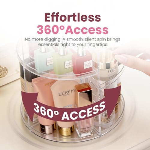 360 Rotating Makeup Organizer - Adjustable Shelf Height and Fully Rotatable. The Perfect Cosmetic Organizer for Bedroom Dresser or Vanity Countertop. (Clear)