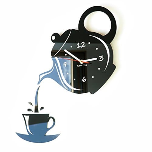FLEXISTYLE kitchen wall clock JUG with a CUP modern design black non ticking silent
