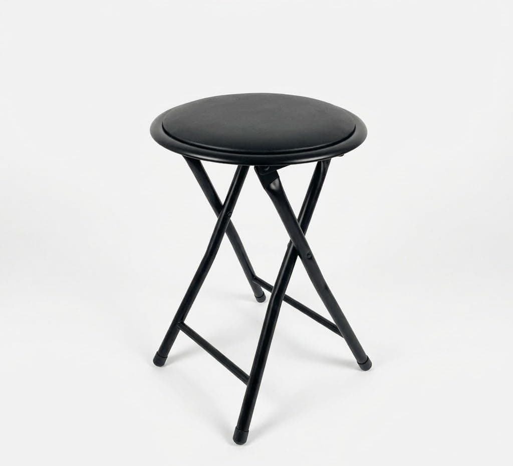 – Black Round Compact Padded Folding Stool Chair For Breakfast, Office Stool, Folding Kitchen Stool, Desk Stool, Foldable Bar Stools