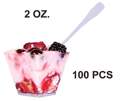 SMALL MINI CLEAR DISPOSABLE SQUARE PLASTIC DESSERT CUPS shot glasses for Parfaits Puddings Desserts Appetizers Entrees Mousse Ice cream Dessert Buffet shooter cups 2 oz 100 count 100 mini spoons