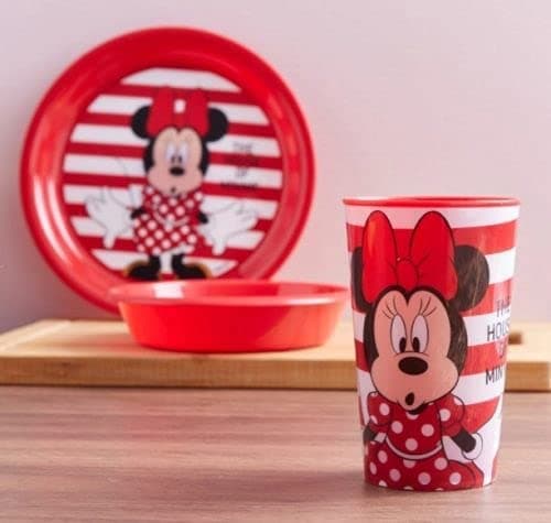 Disney Minnie Mouse Plastic Dinnerware Plate Bowl Mug Set 3Pcs Breakfast Set