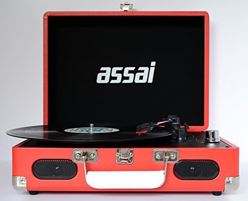 Assai Briefcase Style Turnable - Portable Three Speed Vinyl Record Player with Built-In Stereo Speakers in Contemporary Red Colour