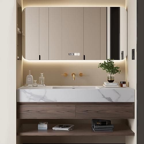 Floating Bathroom Vanity with Sink - Modern Bathroom Vanity | Includes Smart Defogging Medicine Cabinet | Multi-Layer Solid Wood | Wall Mount (Brown, 44 in)
