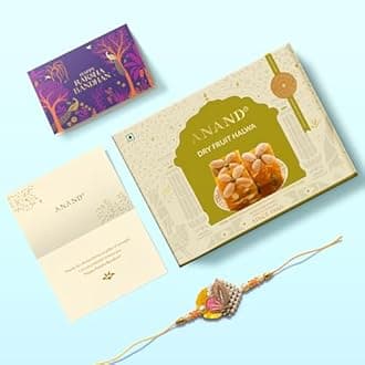 ANAND Sweets Raksha Bandhan/Rakhi MIthai Gift box | Dry Fruits Halwa (500g) + Rakhi + Greeting card combo | Mouth Watering Pure Desi Ghee Sweets | For Brother, Sister, Bhabhi | No Preservatives