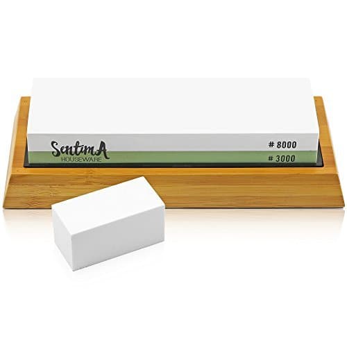 Premium Whetstone Knife Sharpener - 3000/8000 Grit Two Sided Wet Sharpening Stone - Bamboo Base & Flattening Stone