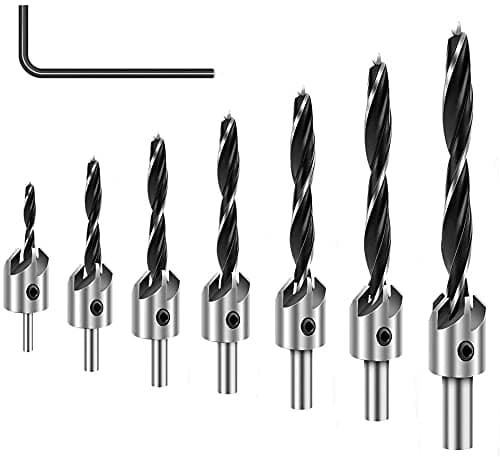 Countersink Drill Bit Set of 7pcs, Brad Point Drill Bits Woodworking Chamfering Counter Bits Wood Drill Set (Sizes in MM – 3, 4, 5, 6, 7, 8 & 10)