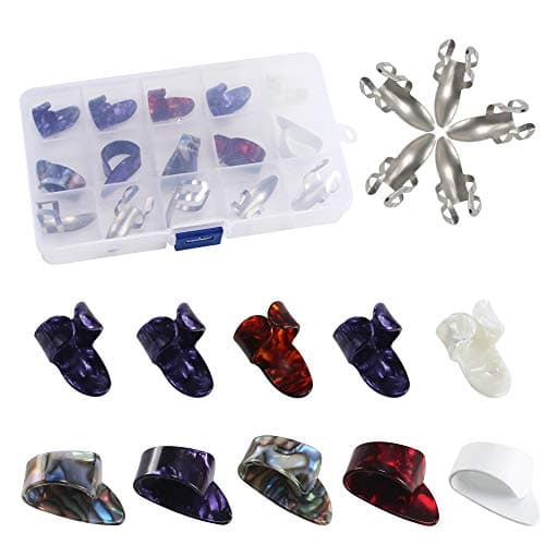 NACTECH 15 Pcs Finger and Thumb Picks 3 Size Plastic Metal Nail Plectrum Guitar Starter Kit with Grid Case Storage Box for Freestyle Banjo Bass Ukulele