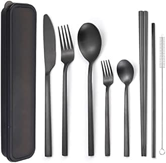 AARAINBOW 6 Pieces Stainless Steel Flatware Set Portable Reusable Cutlery Set Travel Utensils Set Including Chopsticks Knife Fork Spoon Straws Cleaning Brush Dishwasher Safe (B-Black)