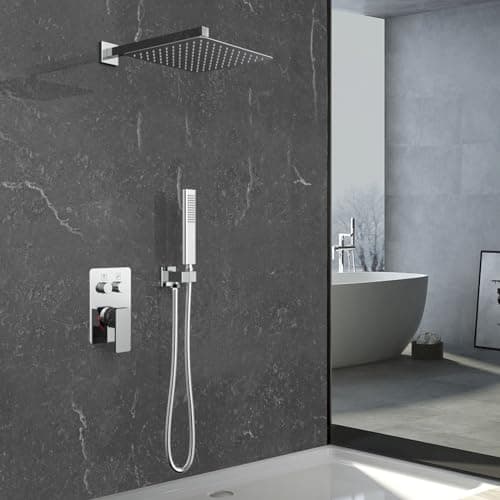 Iriber Chrome Shower System Wall Mount with 12 Inch Rain Shower Head and Handheld Bathroom Shower Set Contain Shower Faucet Mixer Valve Trim Kit (Valve Included)
