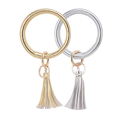 2PC Coolcos Wristlet Keychain Bracelet Bangle Keyring - Large Circle Key Ring Leather Tassel Bracelet Holder For Women Girl