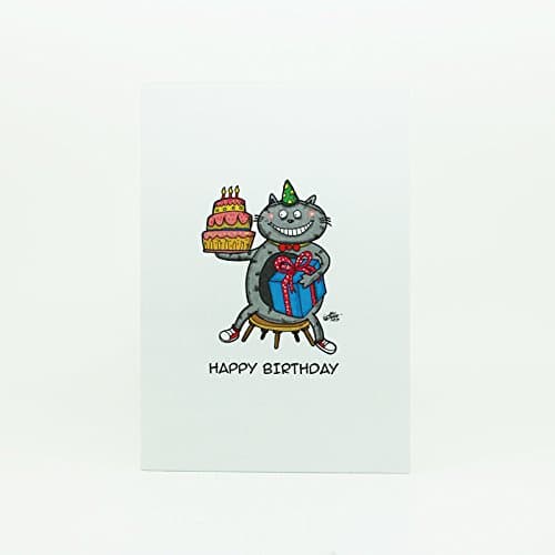 Birthday Card with Silver Bar, Cat with Gift, Silver Envelope Included