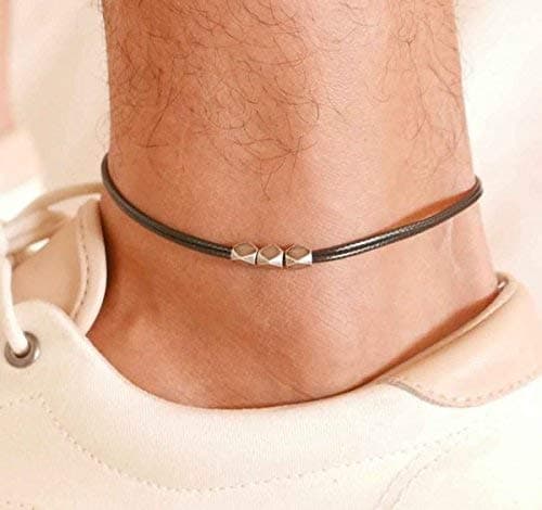 Handmade Black Anklet For Men Set With 3 Silver Plated Beads By Galis Jewelry - Ankle Bracelet For Men - Beaded Anklet For Men