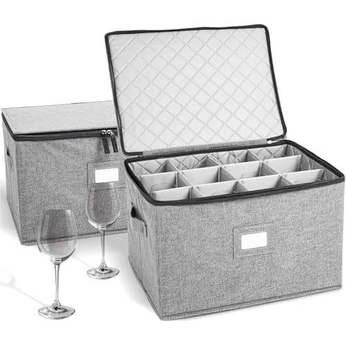 storageLAB Wine Glass Storage Containers, Hard Shell Organizer for Stemware and Glassware Sets, Stackable Wine Glass Storage Box with Dividers for Kitchen and Moving Supplies - 2 Pack Set, Gray
