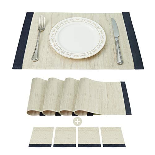 Dining Placemats 4 Pack + Coasters 4 Pack Hand-Woven Cotton 100% Pure Linen Non-Slip Heat-Resistant Washable Table Mats for Home, Kitchen, Outdoor, Navy+Natural Color