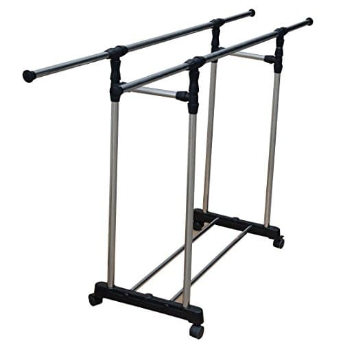 Portable Double Adjustable Clothes Rack Hanger Rolling Garment Shelf Wheels Rail
