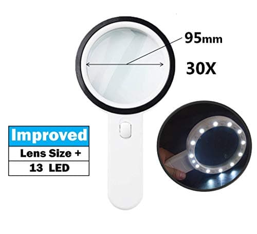 Magnifying Glass with Light, 30X Handheld, with 13 LED and Increased Size，for Seniors Reading, Soldering, Inspection, Coins, Jewelry, Exploring, Macular Degeneration