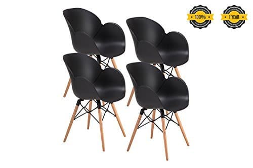 Flower Dining Chairs, Eames-Style Modern Mid Century Dining Room Chairs, Wood Legs Lounge Arm Chairs, Set of 4 (Black-4P)