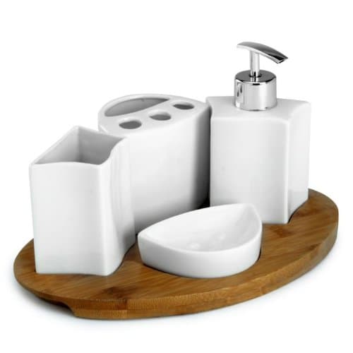 Mom Italy Ceramic Square Bath Set with Bamboo Tray, White/Bamboo