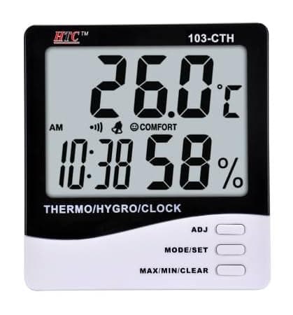 HTC 103-CTH Big Display Thermo/Hygrometer with Clock large 2 line LCD display, Temperature Range : -50˚C ~70˚C (-58˚F ~ 158˚F) Temperature Accuracy : ±1.0˚C or ±1.8˚F Hygro Thermometer