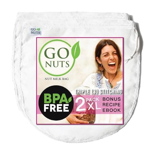 Go Nut Milk Bag 2 Pack, 12“x12" Reusable Strainer Bags for Plant-Based, Nut Milk Cold Brew, Tea, & Juice, BPA-Free, Ultra-Fine Mesh, Nylon Triple-Stitched, Eco-Friendly, Pro Quality Filter Bags