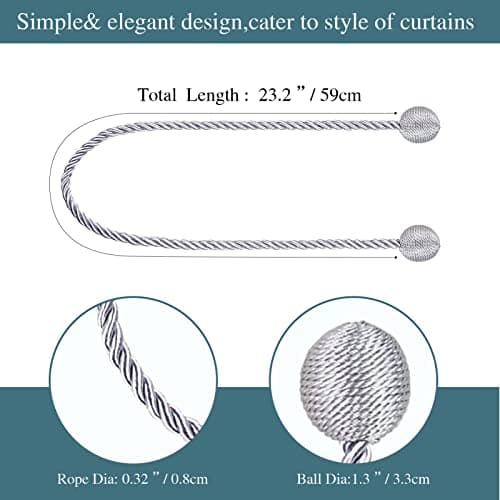 2 Pack Curtain Tiebacks Elegant Decorative Curtain Tie Backs Rope Curtain Holders for Drapes Window Treatment Holdbacks for Drapes or Curtains, Grey
