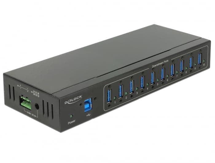 Delock External Industry Hub 10 x USB 3.0 Type-A with 20 KV ESD Protection - Hub - 10 x SuperSpeed USB 3.0 - DIN Rail Mountable - Wall Mountable - DC, Black
