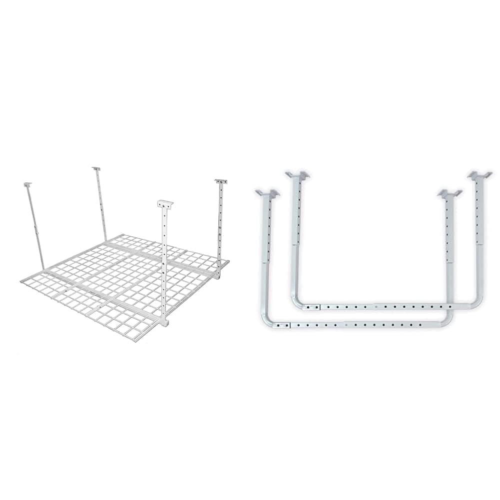 HyLoft 00540 45-Inch by 45-Inch Overhead Storage System, White & 80842-10 33 in. x 34 in. Adjustable Garage Ceiling Mount Storage Rack Kit, Garage Overhead Storage Bracket, White