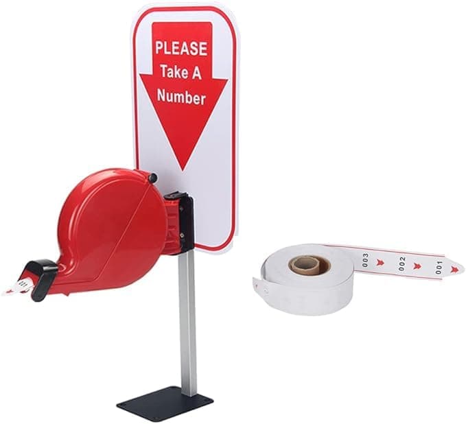 Take-A-Number Ticket Machine (with Stand) | Queue Management | for Deli-Counter/Supermarket/Café/Restaurant/Clinic | 1x Waiting Tickets Dispenser (Red)+1x Number Roll (3-Digit: 000-999)
