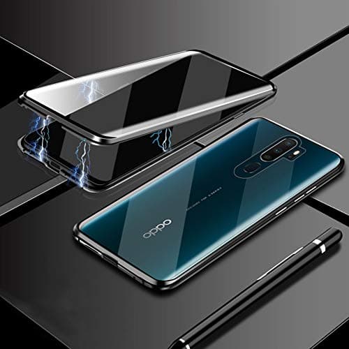 Case for Oppo A9 2020 Cover Magnetic Adsorption Tech Front Back Tempered Glass Unibody Design Powerful Magnets Built-in Frame Shockproof Metal Flip Cover, Black