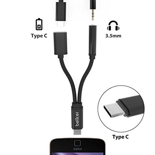 2 in 1 USB C to 3.5mm Headphone Jack Adapter，Belker Nylon Braided 2 in 1 Type C to 3.5mm Audio Charge Cable for Moto Z,Samsung S8/N8,Nexus,etc.NOT Support Pixel 2/2XL (Black)