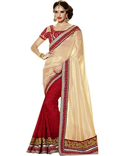 Cbazaar Bedazzling Red N Cream Half N Half Saree