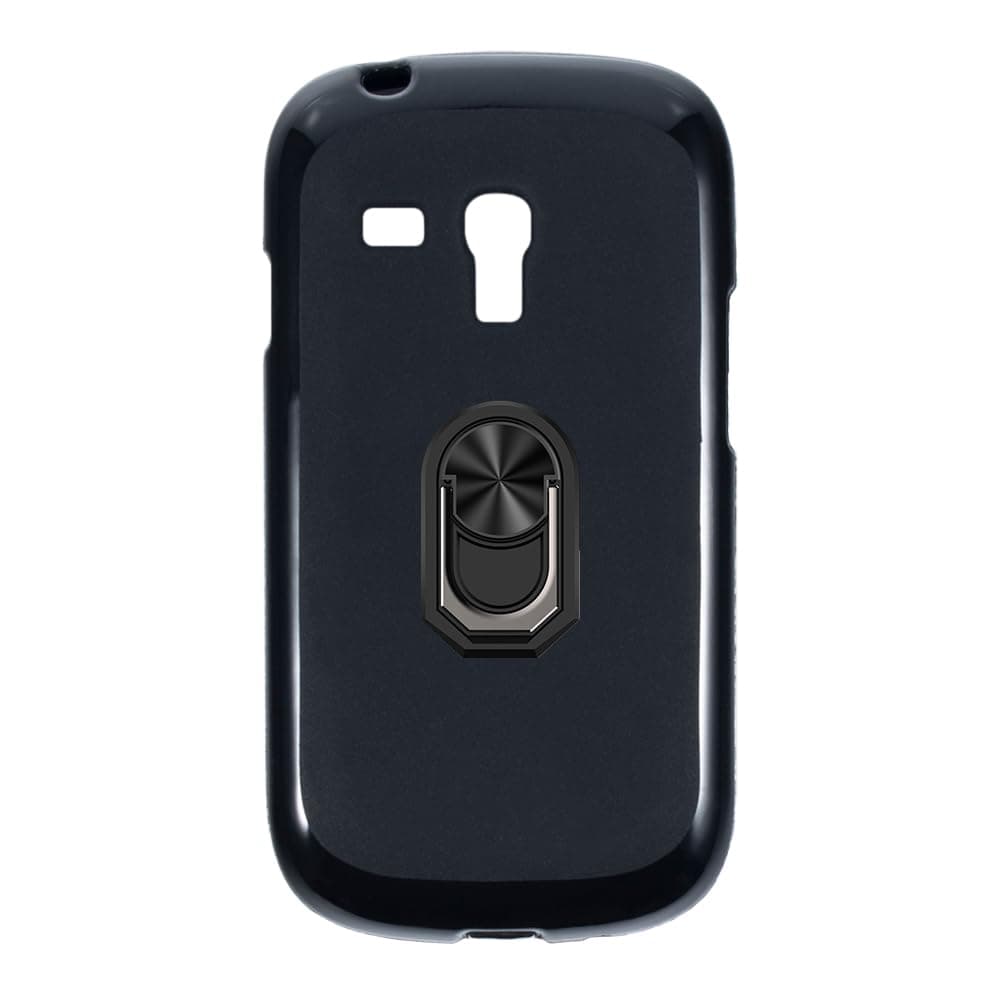 Flexible Case + Ring Holder Compatible with Samsung Galaxy S3 Mini i8190 Phone Shockproof Cover & Magnetic Mecha Style Finger Grip Kickstand (Black+BlackRing)