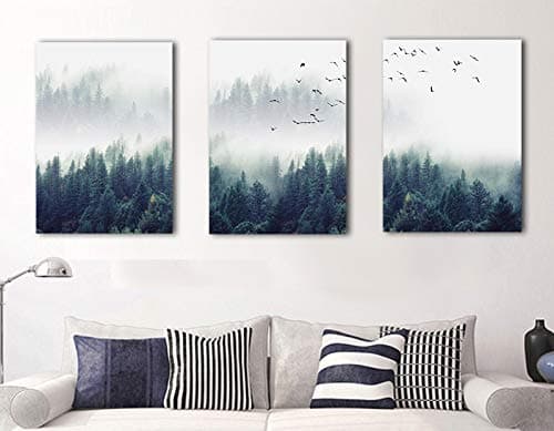 Large 16 X 24 Inch Self-Adhesive Canvas Print 3 Pieces Set Nordic Picture Forest Lanscape Wall Art Decor Artwork Poster for Home Living Room Bedroom Decoration Unframed