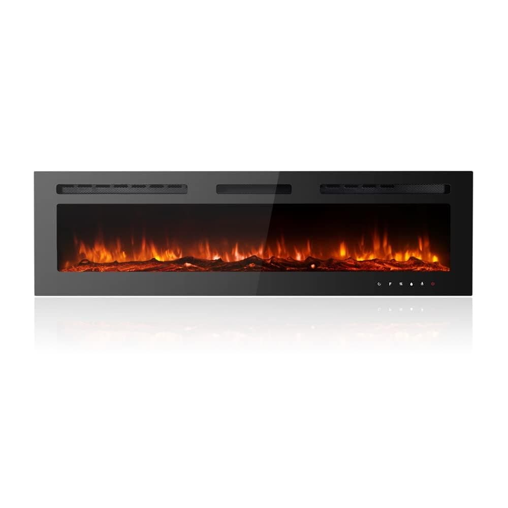 Ultra-Thin Electric Fireplace Low Noise, 12 Variable & Breath Colors Flame, Recessed Wall Mounted Free Standing, Touch Screen & Remote Control, Crystal & Log Set(153cm/60inch)