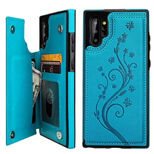Vaburs Note 10 Plus Case Wallet with Card Holder, Embossed Butterfly Premium PU Leather Double Magnetic Buttons Flip Shockproof Protective Case for Samsung Galaxy Note 10 Plus(Blue)