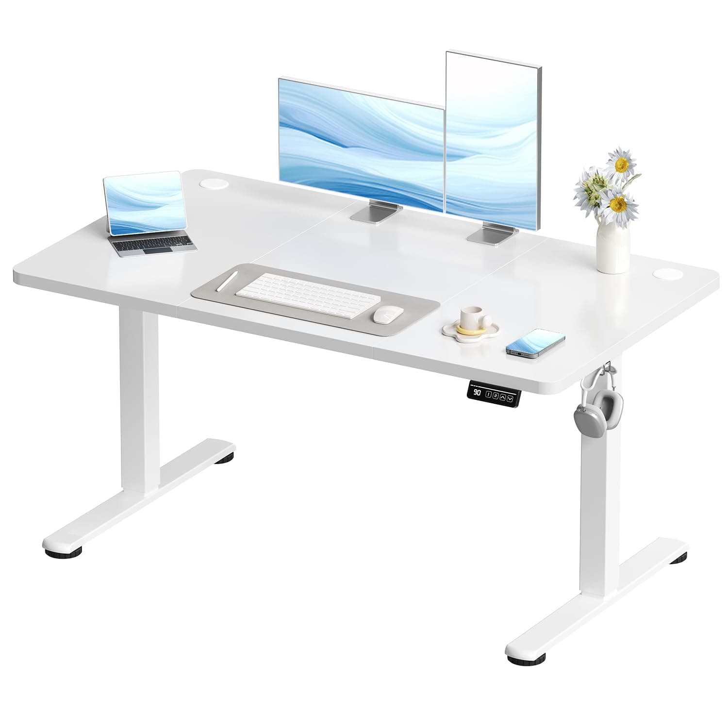 Devoko Electric Standing Desk 120x60cm Sit Stand Table Height Adjustable with Backpack Hook and Memory Smart Pannel, Home Office, White