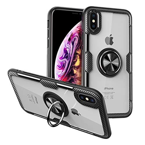 CHEEDAY Compatible iPhone Xs iPhone X Case Carbon Fiber Bumper Slim Clear Crystal Anti-Scratch Hard Cover with Rotation Ring Kickstand [Work with Magnetic Car Mount] for iPhone X/Xs - Black