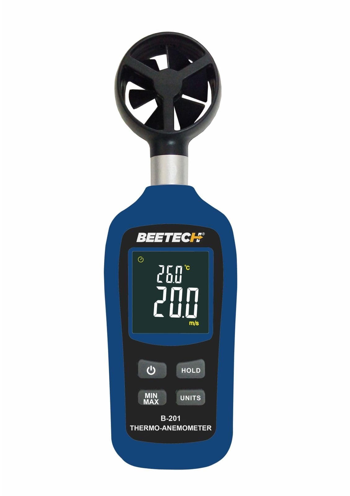 BEETECH Anemometer B-201, Range of 0.4~30m/s, measurable units in m/s, ft/min, MPH, km/hr, knots, meaures Ambient temperature with color LCD display, CE and RoHS compliant.