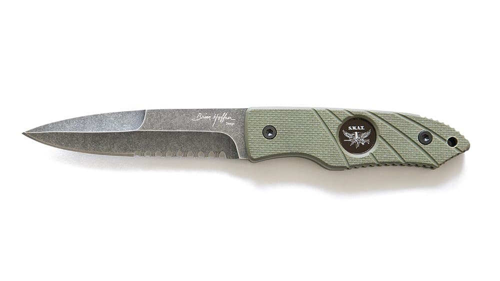 Hoffner Knives Hand Spear Fixed Blade Knife with Stonewash Finish 440C Stainless Steel Spear Point Partially Serrated 5-Inch Blade / Olive Flatline Handle with Compliance Surfaces and Matching Kydex Sheath, "Swat" Handle Art