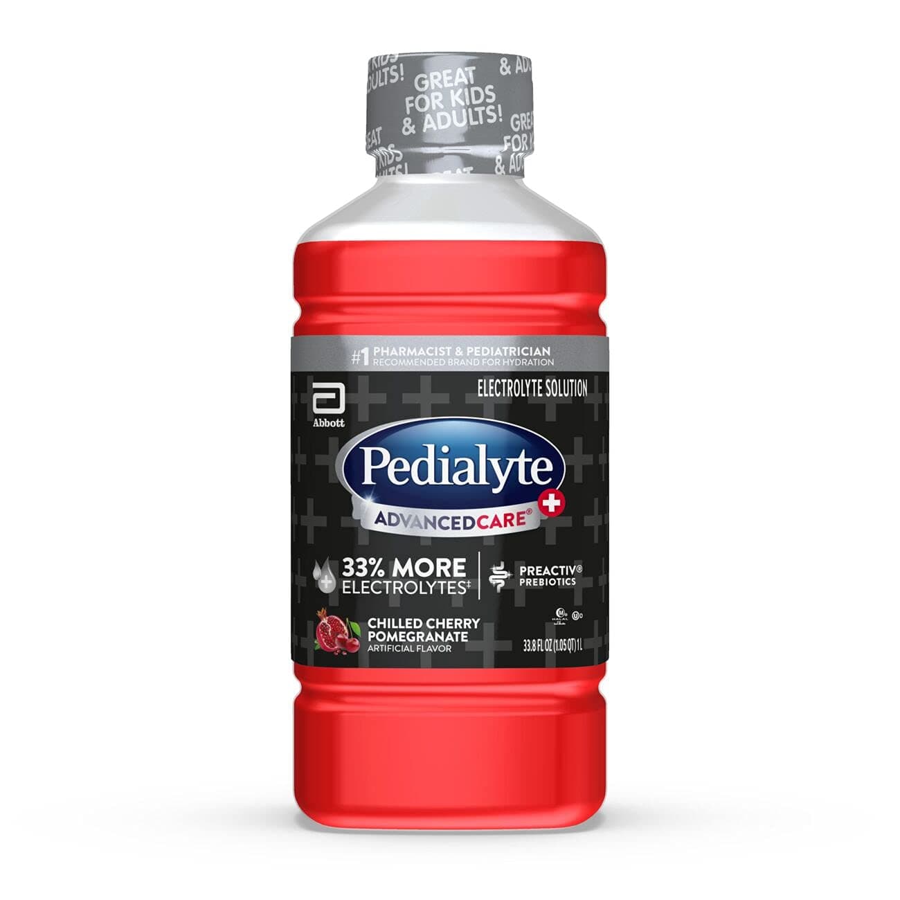 Pedialyte AdvancedCare Plus Electrolyte Hydration Drink, Has 33% More Electrolytes and Has PreActiv Prebiotics, Chilled Cherry Pomegranate, 1 Liter
