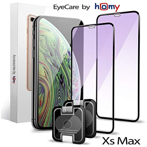 homy Anti-Blue Light Screen Protector Kit for iPhone Xs Max [2-Pack]. 2X 9H Premium Japanese 3D Tempered Glass with UHD Clarity + 2X Camera Lens Cover. Great Protection for Eyes Against Negative UV.