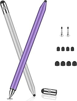 MEKO 3 in 1 Stylus Pens for Touch Screens, High Sensitivity & Precision Capacitive Stylus Pencil for Apple iPad iPhone Tablets Samsung Galaxy All Universal Touchscreen Devices (2 Pack-Silver/Purple)