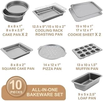 HONGBAKE Bakeware Sets, Baking Pans Set, Nonstick Oven Pan for Kitchen with Wider Grips, 10-Pieces Including Rack, Cookie Sheet, Cake Pans, Loaf Pan, Muffin Pan, Pizza Pan - Sliver